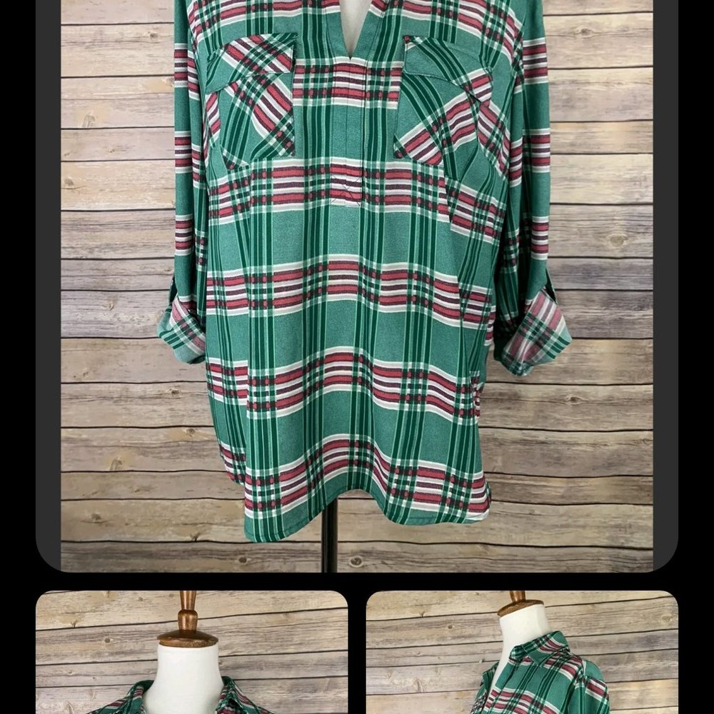 Bob Timerlake green plaid polyester blouse roll tab sleeves XL